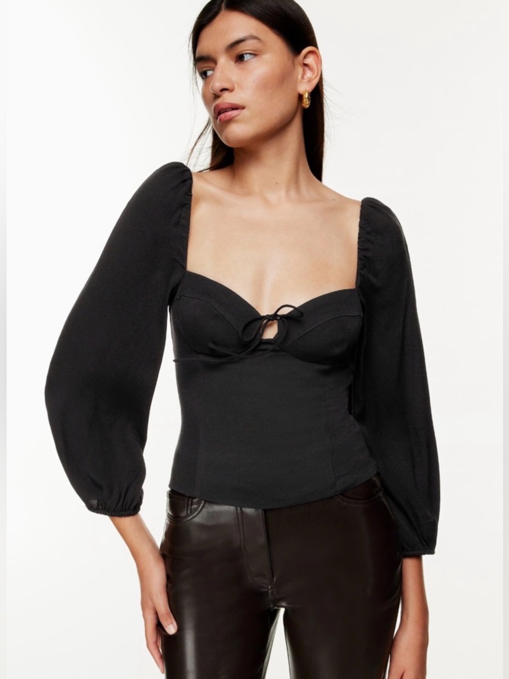 Wilfred Aritzia Novella Puff Sleeve Sweetheart Neckline Blouse Black Women's XS